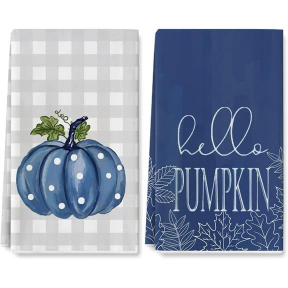 Fall Kitchen Dish Towel 18 x 26 Inch Blue Pumpkins Autumn Dishcloth Grey Plaid Farmhouse Decorative Hand Drying Tea Towel for Thanksgiving Holiday Kitchen Cooking Baking Cleaning, 2Pcs