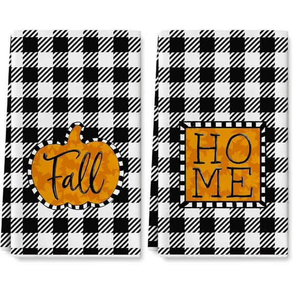 Fall Kitchen Dish Towel 18 x 26 Inch Buffalo Plaids Autumn Pumpkin Home Dishcloth Rustic Farmhouse Decorative Hand Drying Tea Towel for Thanksgiving Harvest Cooking Baking Cleaning, 2Pcs