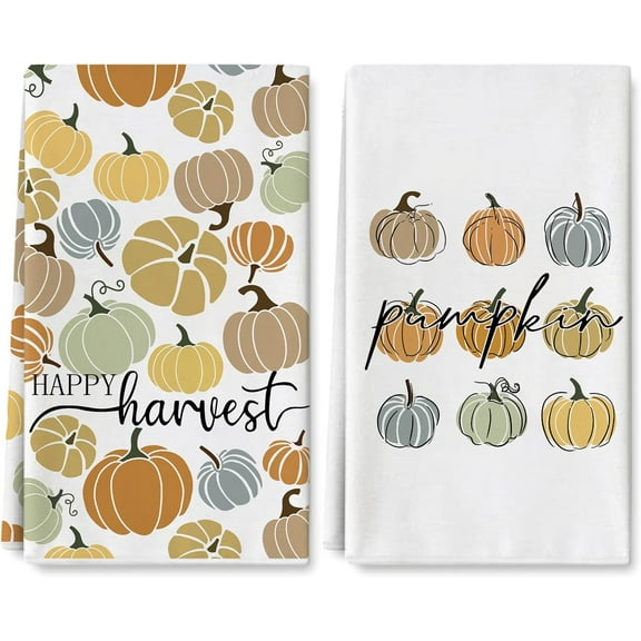 Fall Kitchen Dish Towel 18 x 26 Inch Happy Harvest Pumpkin Tea Towel Colorful Autumn Dishcloth Rustic Farmhouse Hand Drying Cloth Towel for Kitchen Cooking Baking, 2 Pack