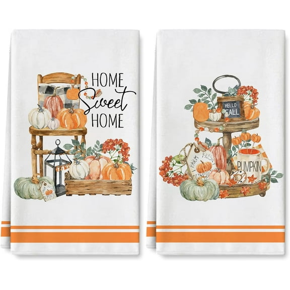 Fall Kitchen Dish Towel 18 x 26 Inch Watercolor Pumpkin Home Sweet Home Dishcloth Autumn Harvest Hand Drying Tea Towel for Thanksgiving Cooking Baking Cleaning Wipes, 2 Packs