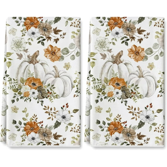 Fall Kitchen Dish Towel 18 x 26 Inch Watercolor White Pumpkins Leaves Dishcloth Autumn Decorative Hand Drying Tea Towel for Thanksgiving Holiday Kitchen Cooking Baking Cleaning, 2Pcs