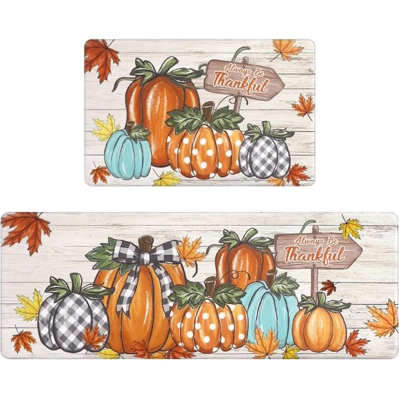 Fall Kitchen Mat Anti Fatigue Cushioned Comfort Standing Desk Mats Rugs Colorful Pumpkin Kitchen Mats for Floor 17"x28"+17"x47"