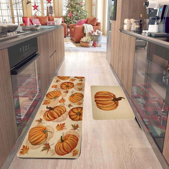 Fall Kitchen Mat Pumpkin Sunflower Kitchen Mats for Floor Runner Rug Set of 2 Non Slip with Rubber Backing, Plank Washable Carpet for Hallways, Sink, Laundry Room, 16x24 + 16x47 in