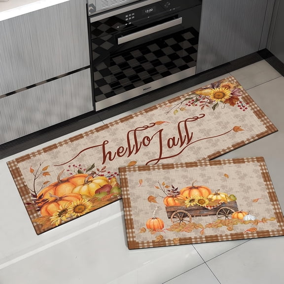 Fall Kitchen Mat Set of 2 Non Slip Rubber Runner Rugs Hello Fall Autumn Pumpkin Sunflower Thanksgiving Decor Floor Carpet Front of Sink,Hallway,Laundry Room ch