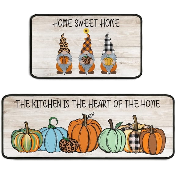 Fall Kitchen Mat Set 2Pcs Home Sweet Home Gnome Pumpkin Non Slip Kitchen Floor Rug and Mat Waterproof Kitchen Standing Area Mat for Thanksgiving Farmhouse Doormat Decor 17"x47"+17"x30"