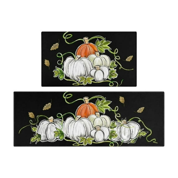 Fall Kitchen Mats, Autumn Fall Kitchen Rugs Set of 2, Non Slip Pumpkins Maple Leaves Doormat for Thanksgiving Harvest Seasonal Home Halloween Decorations