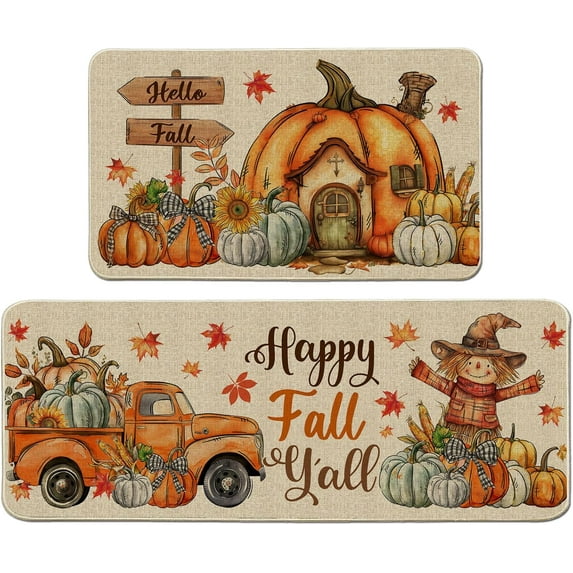 Fall Kitchen Mats, Farmhouse Truck Fall Kitchen Decor for Floor - Pumpkins House Kitchen Rugs Set of 2 - Fall Decorations for Home 17"x27+17"x47"