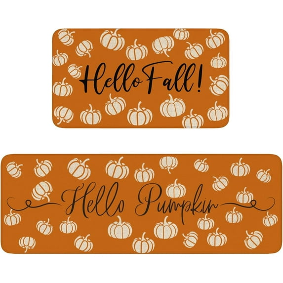 Fall Kitchen Mats for Floor Set of 2,Hello Fall Floor Mat Pumpkin Kitchen Mat Anti-Slip Rubber, Autumn Thanksgiving Day Comfort Standing Decorative Rugs and Mat 17'''' X 47'''' + 17\u201dx31\u201c