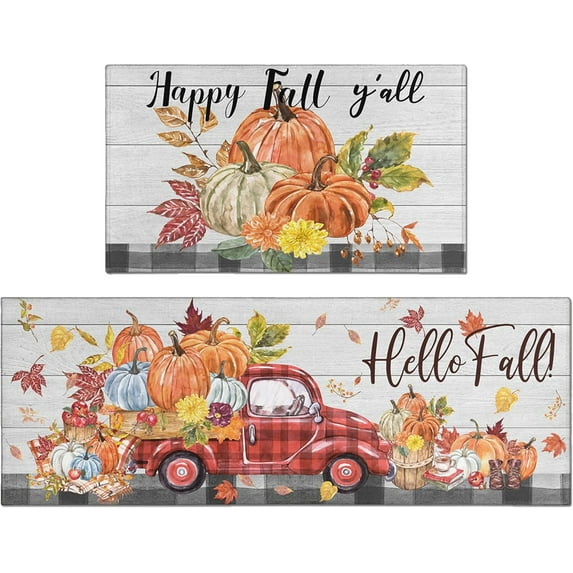 Fall Kitchen Mats for Floor Set of 2,Hello Fall Floor Mat Pumpkin Kitchen Mat Anti-Slip Rubber, Autumn Thanksgiving Day Comfort Standing Decorative Rugs and Mat 17'' X 47'' + 17”x30“