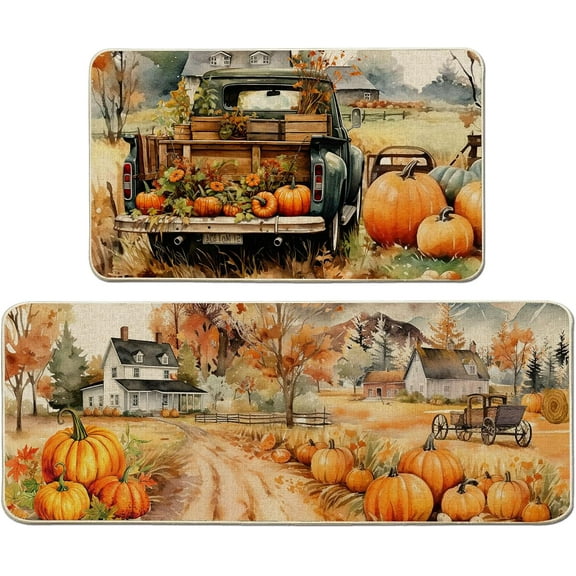 Fall Kitchen Mats, Harvest Kitchen Rug Set of 2 - Vintage Farmhouse Pumpkin Truck Fall Decorations for Home for Floor - Fall Kitchen Decor 17"x30+17"x47"