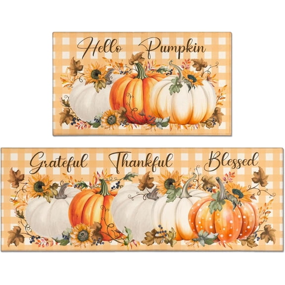 Fall Kitchen Mats Set of 2, Blue Hello Pumpkin Kitchen Rugs for Floor and Door Mat Autumn Harvest Thanksgiving Home Decorations - 17x30 and 17x47 Inch