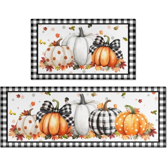 Fall Kitchen Mats Set of 2, Blue Hello Pumpkin Kitchen Rugs for Floor and Door Mat Autumn Harvest Thanksgiving Home Decorations - 17x30 and 17x47 Inch