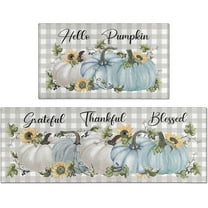 Fall Kitchen Mats Set of 2, Blue Hello Pumpkin Kitchen Rugs for Floor and Door Mat Autumn Harvest Thanksgiving Home Decorations - 17x30 and 17x47 Inch