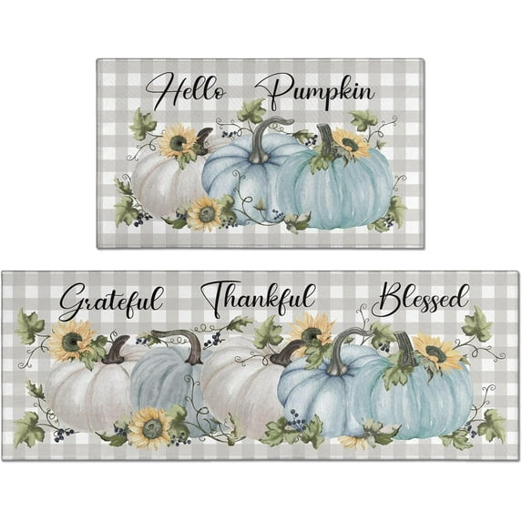 Fall Kitchen Mats Set of 2, Blue Hello Pumpkin Kitchen Rugs for Floor and Door Mat Autumn Harvest Thanksgiving Home Decorations - 17x30 and 17x47 Inch