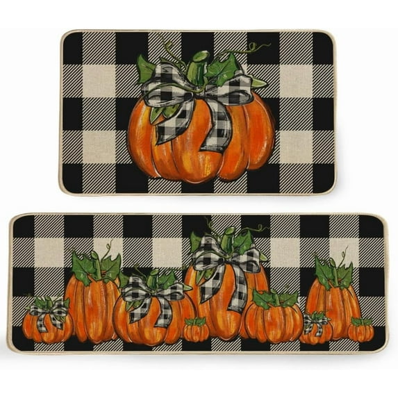 Fall Kitchen Mats Set of 2, Buffalo Plaid Pumpkins Bowknot Floor Mat Farmhouse Seasonal Holiday Thanksgiving Decorations 17x30 and 17x47 Inch (Plaid) GK077