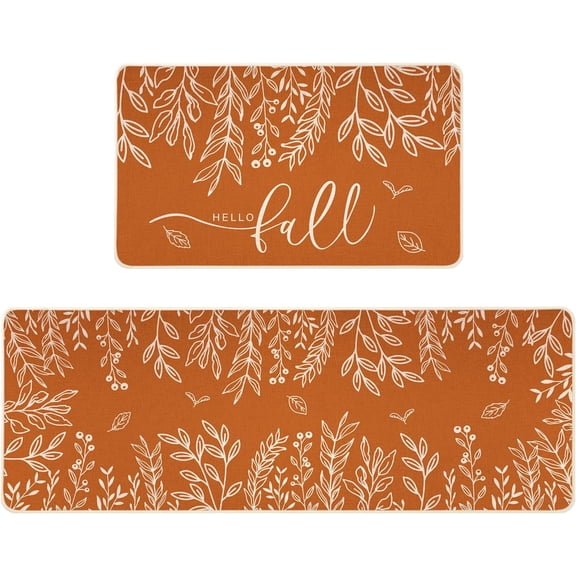 Fall Kitchen Mats Set of 2, Non-Slip Orange Hello Fall Eucalyptus Low-Profile Kitchen Rugs for Floor Seasonal Autumn Thanksgiving Home Decor - 17x29 and 17x47 Inch