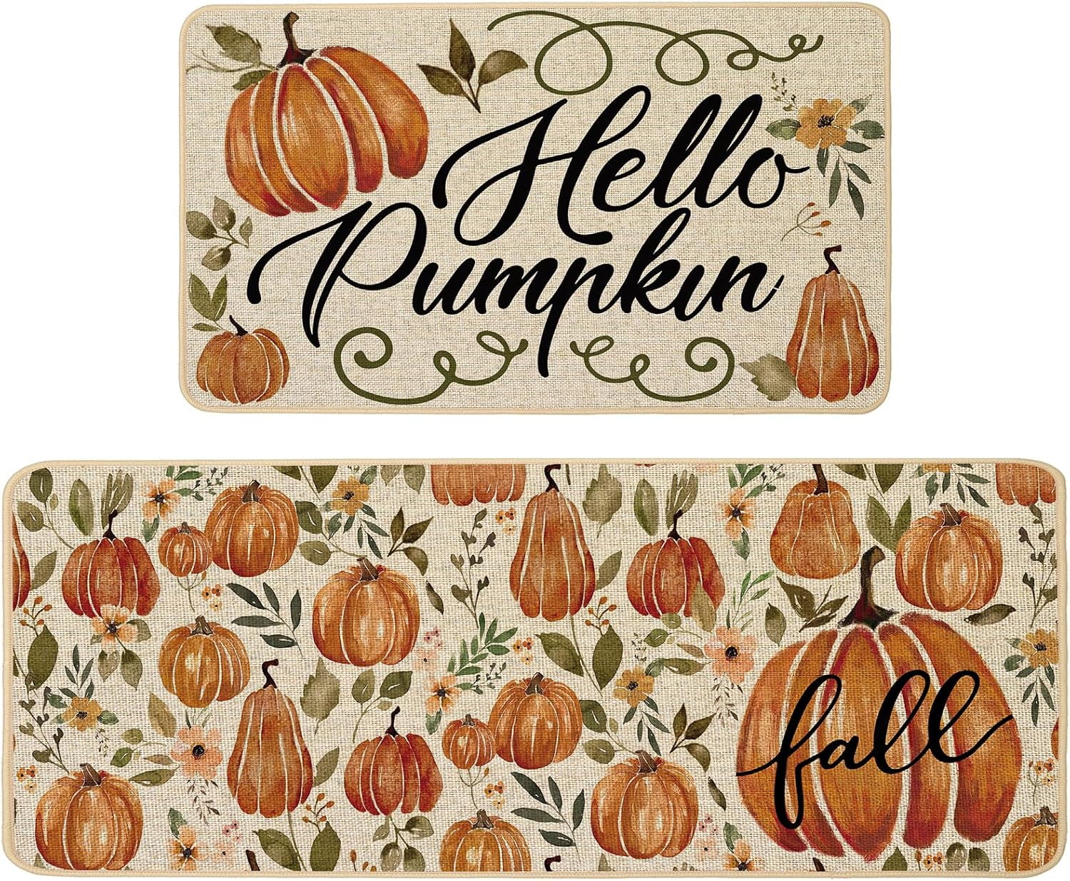 Fall Kitchen Mats Set of 2, Pumpkin Floral Leaves Kitchen Rugs for ...
