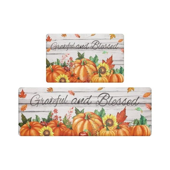 Fall Kitchen Mats Set of 2, Pumpkins Maple Leaves Kitchen Floor Mats, Fall Farmhouse Kitchen Rugs Non Slip, Comfort Standing Desk Mat for Sink, Laundry