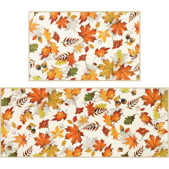 Fall Kitchen Rug Set of 2, Orange Maple Leaves Acorn Nuts Non-Slip Kitchen Mats, Washable Low-Profile Autumn Harvest Floor Mats Carpet for Hallway Kitchen Thanksgiving, 17"x30" + 17"x47"