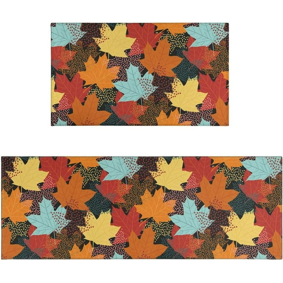 Fall Kitchen Rug Set 2 Piece Washable Autumn Colorful Maple Leaves Non-Slip Kitchen Floor Mat Fall Decor Decorations