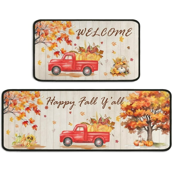 Fall Kitchen Rug Set of 2, Welcome Pumpkin Sunflower Orange Kitchen Rugs Truck Mat, Autumn Thanksgiving Washable Non Slip Absorbent Microfiber Indoor Floor Decor Mats 17"x 47"+17"x 30"