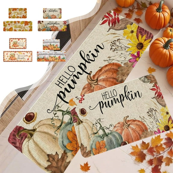 Fall Kitchen Rugs Fall Kitchen Mats Fall Pumpkin Maple Leaf Floor Mat Two Piece Set Halloween Thanksgiving Decorative Floor Mat Bathroom Kitchen Mat Porch Carpet Long Strip Foot Mat Entrance Mat