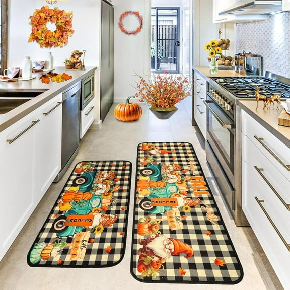 Fall Kitchen Rugs,Happy Fall Kitchen Rug Set of 2,Cute Gnome and Truck Theme Thanksgiving Home Decor, Autumn Non-Slip Washable Kitchen Mat for Floor - 17"x 47"+17"x 30"