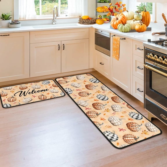 Fall Kitchen Rugs and Mats for Floor Autumn Decorations for Home, 2 Pcs Non-Slip Backing Pumpkin Mat, Thanksgiving Decor Kitchen Rug Sets with Runner (Fall 02, 17"x47.2"+17"x30")