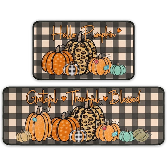 Fall Kitchen Rugs and Mats for Floor, Fall Decorations for Home, 2 Pcs Non-Slip Backing Pumpkin Mat, Autumn Decor Thanksgiving Kitchen Rug Sets with Runner 17"x47.2"+17"x30"