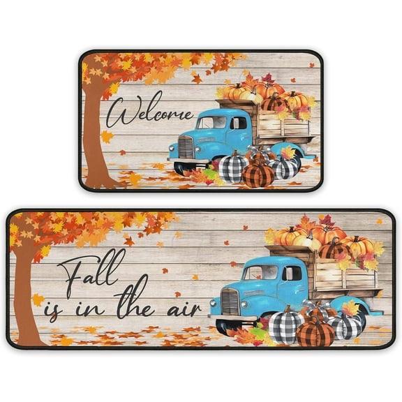 Fall Kitchen Rugs and Mats for Floor, Fall Decorations for Home, 2 Pcs Non-Slip Backing Pumpkin Mat, Autumn Decor Thanksgiving Kitchen Rug Sets with Runner (Fall 11, 17"x47.2"+17"x30")