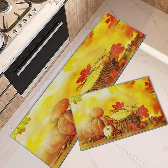 Fall Kitchen Rugs and Mats Non Skid Washable Set of 2, Autumn Maple Leaves Kitchen Runner Rug, Fall Maple Corn Kitchen Floor Mat Under Sink Mat Throw Rug for Kitchen Doormat Waterproof