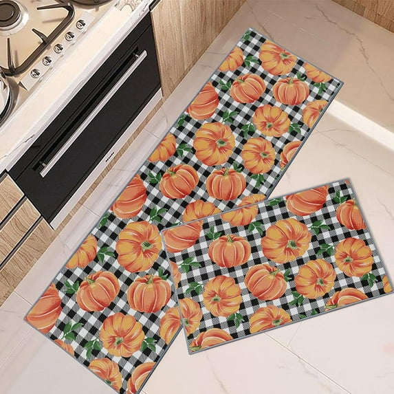 Fall Kitchen Rugs and Mats Non Skid Washable Set of 2, Autumn Pumpkins Gingham Kitchen Runner Rug, Thanksgiving Kitchen Floor Mat Under Sink Mat Throw Rug for Kitchen Doormat Waterproof