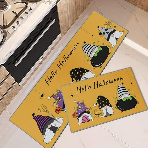 Fall Kitchen Rugs and Mats Non Skid Washable Set of 2, Halloween Scary Kitchen Runner Rug, Funny Gnome Pumpkin Kitchen Floor Mat Under Sink Mat Throw Rug for Kitchen Doormat Waterproof