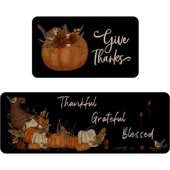 Fall Kitchen Rugs and Mats Set of 2,Autumn Leaves Pumpkin Vintage Kitchen Mat for Floor, Thanksgiving Non-Slip Kitchen Sink Mats Home Decor Doormat+Runner Rug