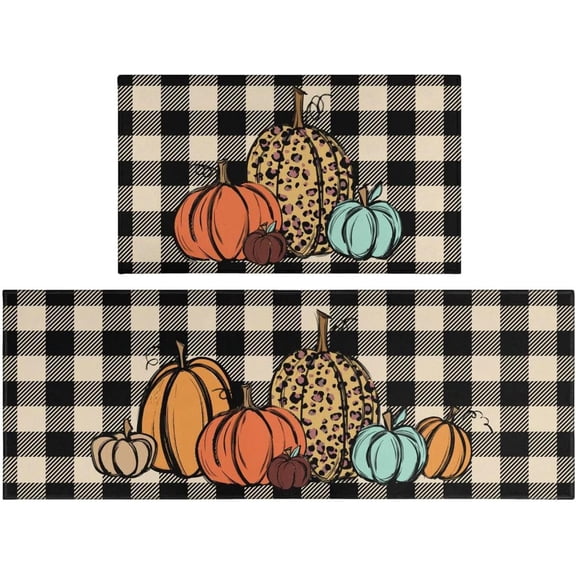 Fall Kitchen Rugs and Mats Set of 2, Autumn Thanksgiving Farmhouse Floor Rug Non-Slip Absorbent Washable, Fall Kitchen Decor Buffalo Plaid Pumpkins Rug - 17x30 and 17x47 Inch