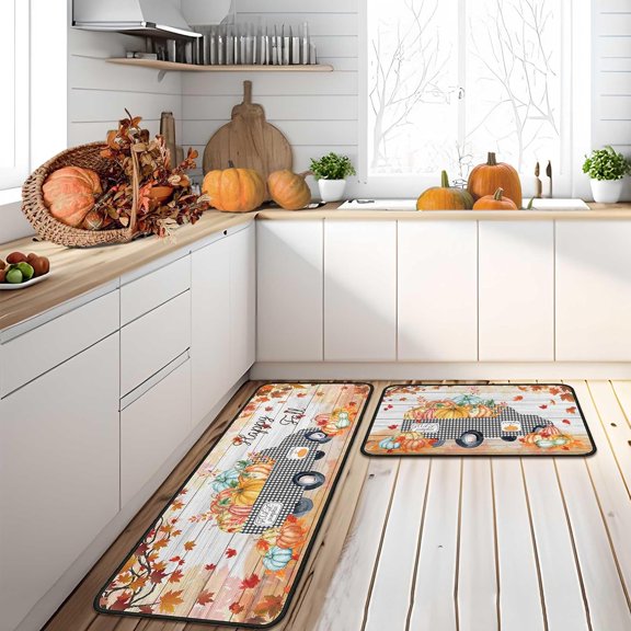 Fall Kitchen Rugs and Mats Set of 2, Decorations for Home Non-Slip Backing Thanksgiving Rug Seasonal Farmhouse Holiday Autumn Harvest Low-Profile Floor Mat 17"X47"+17"X30"