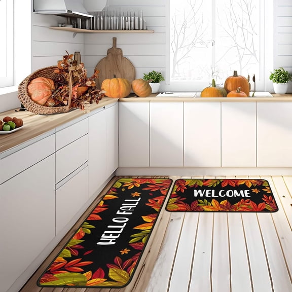 Fall Kitchen Rugs and Mats Set of 2, Fall Decorations for Home Non Slip Backing Welcome Maple Leaves Kitchen Rug Holiday Autumn Decor Kitchen Floor Mat 17"X47"+17"X30"