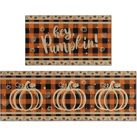 Fall Kitchen Rugs and Mats Set of 2, Pumpkin Buffalo Plaid Kitchen Rugs, Non-Slip Washable Anti-Fatigue Kitchen Rugs for Kitchen Laundry Autumn Thanksgiving Home Decor, 17x30+17x47 Inches