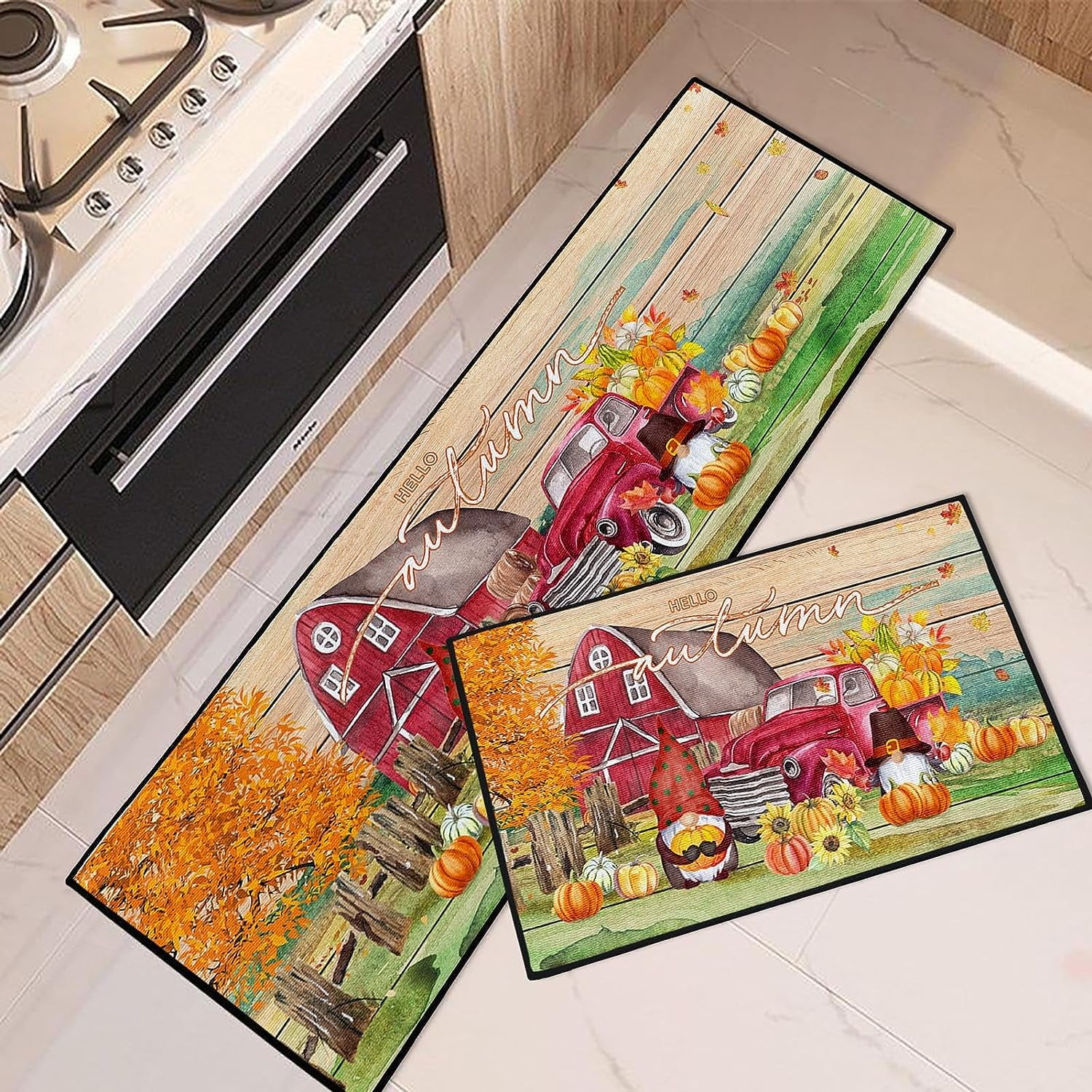 Fall Kitchen Rugs and Mats, Thanksgiving Pumpkin Truck with Gnomes