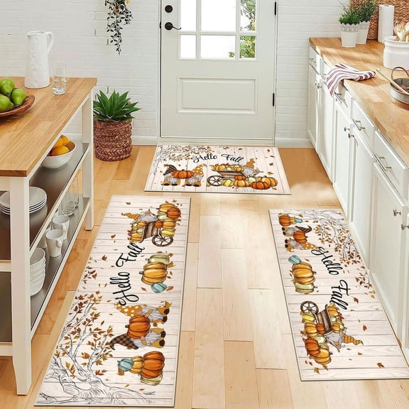 Fall Kitchen Rugs with Runner Sets 3 Piece Farmhouse Pumpkin Seasonal Harvest Holiday Party Rugs and Mats Non Skid Washable Kitchen Floor Mats for Home Hallway Sink Decor(Hello Fall)