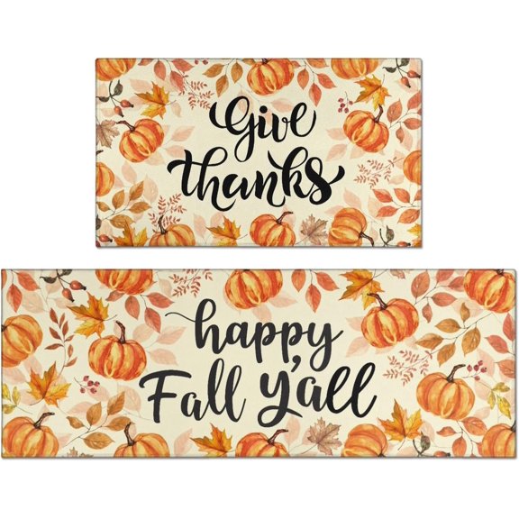Fall Kitchen Rugs Set of 2,Fall Entrance Door Mat,Pumpkin Maple Leaf Non Slip Kitchen Rug Anti Fatigue Mats for Kitchen Floor Waterproof Washable Rug for Autumn Thanksgiving Kitchen 17X30+17X47In