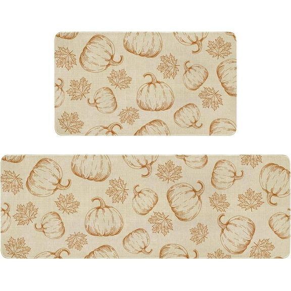 Fall Kitchen Rugs Set of 2,Orange Pumpkin Maple Leaves Autumn Thanksgiving Farmhouse Floor Mats and Rugs Non Skid Washable for Kitchen Home Decor (17"x47"+17"x30")