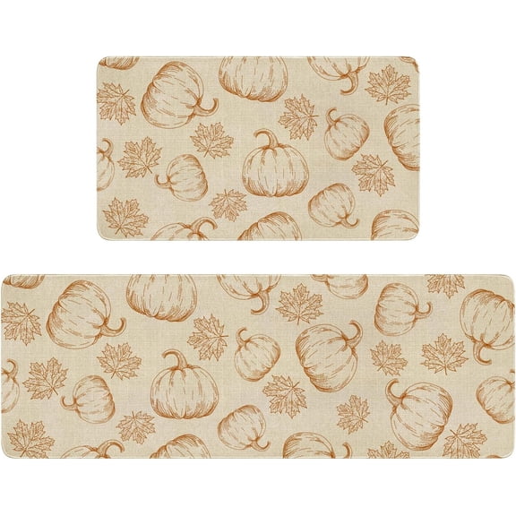 Fall Kitchen Rugs Set of 2,Orange Pumpkin Maple Leaves Autumn Thanksgiving Farmhouse Floor Mats and Rugs Non Skid Washable for Kitchen Home Decor (17"x47"+17"x30")