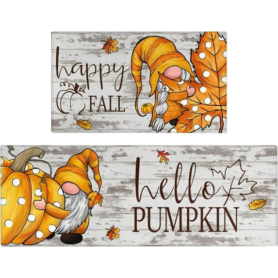 Fall Kitchen Rugs Set of 2,Pumpkin Gnomes Leaf Thanksgiving Floor Mats and Rugs Non Skid Washable for Kitchen Home Decor,Fall Farmhouse Decorations and Accessories (17"x47"+17"x30")