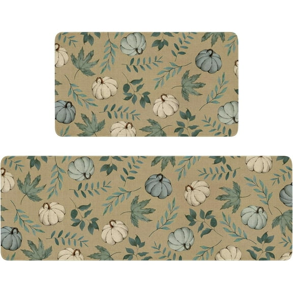 Fall Kitchen Rugs Set of 2,Pumpkin and Maple Leaf Autumn Thanksgiving Farmhouse Floor Mats and Rugs Non Skid Washable for Kitchen Home Decor (Blue 17"x47"+17"x30")