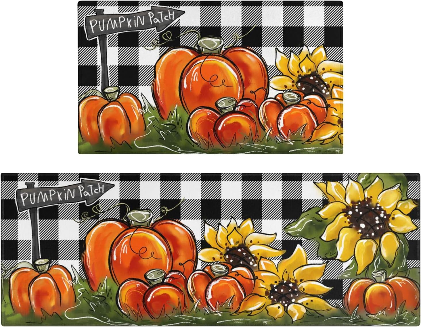 Fall Kitchen Rugs Set of 2,Pumpkin Patch Sunflower Thanksgiving Floor