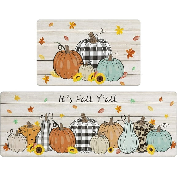 Fall Kitchen Rugs Set of 2, Pumpkin Truck Anti Fatigue Kitchen Floor Mat, Non Slip Farmhouse Cushioned Kitchen Mats for Floor, Kitchen Runner Rug Floor Carpet Fall Harvest Thanksgiving Decor