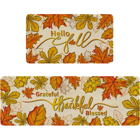 Fall Kitchen Rugs Set of 2, Thanksgiving Kitchen Mats for Floor, Hello Fall Non-Slip Washable Sink Mats Autumn Maple Leaf Home Decor Doormat+Runner Rug