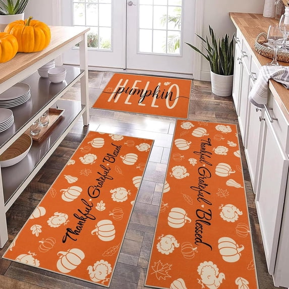 Fall Kitchen Rugs Set of 3 Thanksgiving Turkey Pumpkins Kitchen Rugs and Mats Autumn Harvest Floor Carpet Mat Non Slip Washable Farmhouse Area Rug for Kitchen Laundry Room Home Decor, Orange