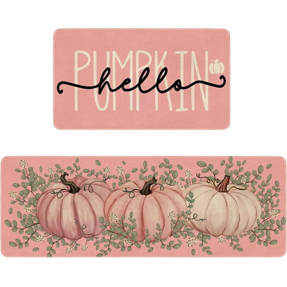 Fall Kitchen Rugs Set,Pumpkin Kitchen Mats for Floor,Thanksgiving Kitchen Decor,Fall Decorations for Home,17x30 inch Doormat+17x47 inch Runner Rug Pink